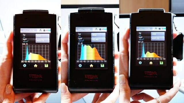 스크린바 헤일로2(중앙)와 타사 제품(좌/우) 색상 스펙트럼 비교. 타사 제품의 청색광 분포가 두드러진다.