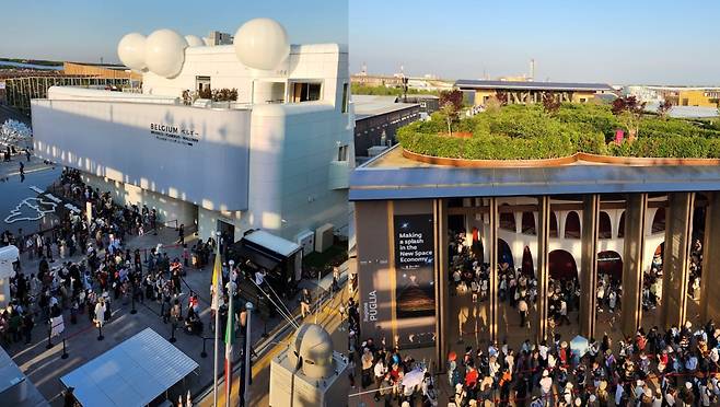 '2025 오사카 엑스포' 국가관에 들어가기 위해 관람객들이 기다리고 있다. 왼쪽부터 벨기에관, 이탈리아관. /이인아 기자