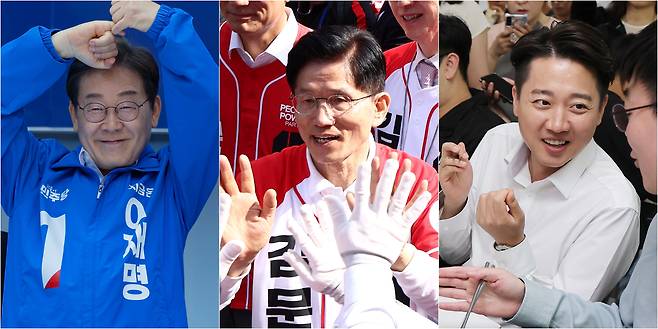 14일 더불어민주당 이재명 대선 후보(사진 왼쪽부터)가 부산진구 서면에서, 국민의힘 김문수 대선 후보가 경남 진주시 진주광미사거리에서, 개혁신당 이준석 대선 후보가 부산 금정구 부산대학교에서 시민들과 소통하고 있다./연합뉴스