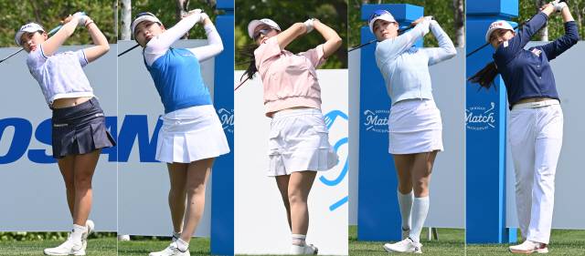 ▲ 2025 KLPGA 제17회 두산 매치플레이 첫 날 경기가 열린 14일 춘천 라데나 골프클럽에서 선수들이 티샷을 하고 있다. 사진 왼쪽부터 박현경, 이예원, 한진선, 박결, 서연정.  방도겸 기자
