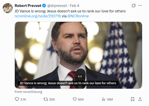 레오14세가 지난 2월 자신의 X계정에서 JD밴스 미국 부통령을 비판했다. [사진 = X]