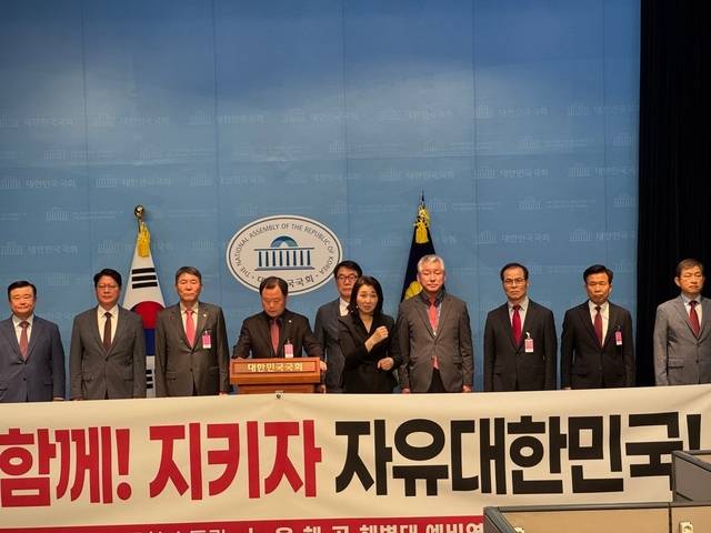 대한민국수호예비역장성모임 대표인 김근태(오른쪽 4번째) 예비역 육군대장 등 대수장,자유안보연대 소속 예비역 장성들이 15일 오전 국회 소통관에서 육·해·공군, 해병대 예비역 장성 800여명 명의로 국민의힘 김문수 후보 지지 선언을 하고 있다. 대한민국수호예비역장송모임 제공