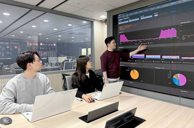 LG유플러스 임직원이 인공지능(AI)을 접목한 자체 보이스피싱 고객 피해 방지 분석시스템을 살펴보고 있다. [LG유플러스 제공]