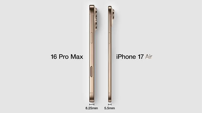 [서울=뉴시스] 아이폰17 에어의 예상 렌더링과 아이폰16 프로 맥스의 두께 비교. (사진=맥루머스 X 캡처) *재판매 및 DB 금지