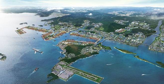 [창원=뉴시스] 강경국 기자 = 진해신항과 가덕도 신공항 일원 미래 조감도. (사진=부산진해경제자유구역청 제공). 2025.05.15. photo@newsis.com *재판매 및 DB 금지