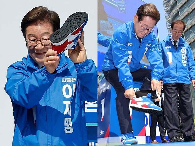 더불어민주당 이재명 대선 후보가 6·3 대통령선거 공식 선거운동 첫날인 12일 서울 광화문 청계광장에서 열린 출정식 및 첫 유세에서 운동화를 신고 있다. 연합뉴스