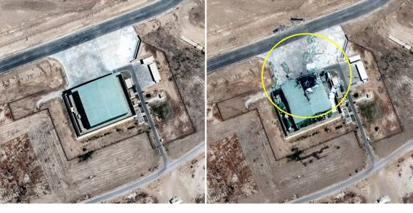 파키스탄 볼라리 공군기지 항공기 격납고 모습으로 지난달 27일(왼쪽)과 5월 11일 모습이 담겼다.  Maxar Technologies