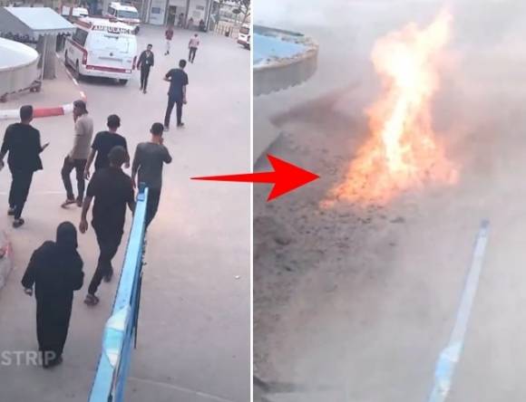 팔레스타인 현지 시간으로 13일 가자지구 칸 유니스의 한 도로에 이스라엘군이 쏜 미사일이 떨어졌다. 이날 하루동안 이스라엘군의 공습으로 사망한 가자지구 주민은 어린이 22명을 포함해 최소 70명에 달한다.  AP 제공