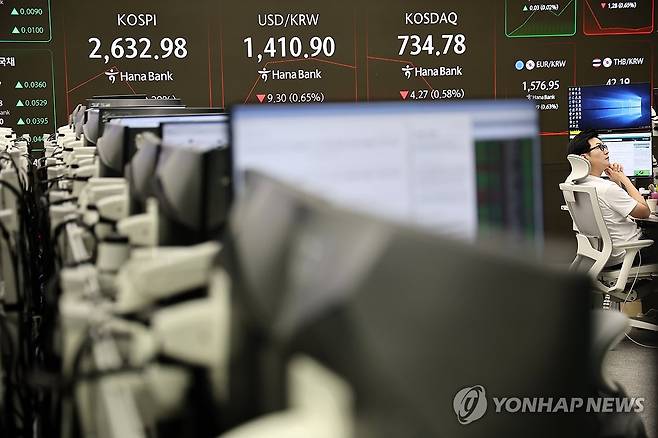 코스피 2,630대서 소폭 약세로 출발 (서울=연합뉴스) 윤동진 기자 = 코스피가 2,630대에서 약보합세로 거래를 시작한 15일 서울 하나은행 본점 딜링룸에서 딜러들이 업무를 보고 있다. 2025.5.15 mon@yna.co.kr