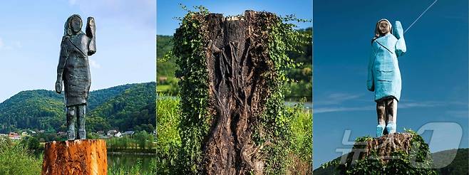 멜라니아 트럼프 동상의 변천사. 가장 왼쪽이 사라지기전의 청동상이고 가운데는 나무 멜라니아상이 사라지고 남은 나무 둥치, 가장 오른쪽이 멜라니아 목재상이다. 각각 2020년 9월15일, 2020년 7월7일, 2019년 7월5일 찍은 사진이다. ⓒ AFP=뉴스1