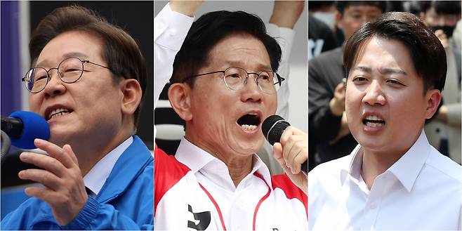 제21대 대통령 선출을 위한 공식 선거운동 이틀째인 13일 더불어민주당 이재명 대선 후보(사진 왼쪽부터)가 대구광역시 동성로 거리에서, 국민의힘 김문수 대선 후보가 울산 남구 신정시장에서, 개혁신당 이준석 대선 후보가 대구 경북대학교에서 집중 유세를 하고 있다./연합뉴스