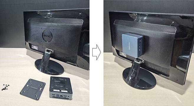 후면에 베사홀이 달린 모니터라면 미니 PC를 달아 일체형 PC처럼 쓸 수 있다 / 출처=IT동아