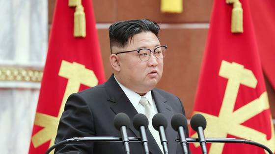North Korean leader Kim Jong-un speaks during the meeting of the 7th Plenary Session of the 8th Central Committee of the Workers’ Party in Pyongyang on Feb. 26, 2023. [YONHAP]