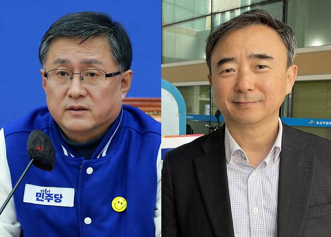 김성환 더불어민주당 중앙선거대책위원회 정책본부장(왼쪽)과 임문영 민주당 디지털특별위원회 위원장(미래전환 대표). 뉴시스, 페이스북 캡처