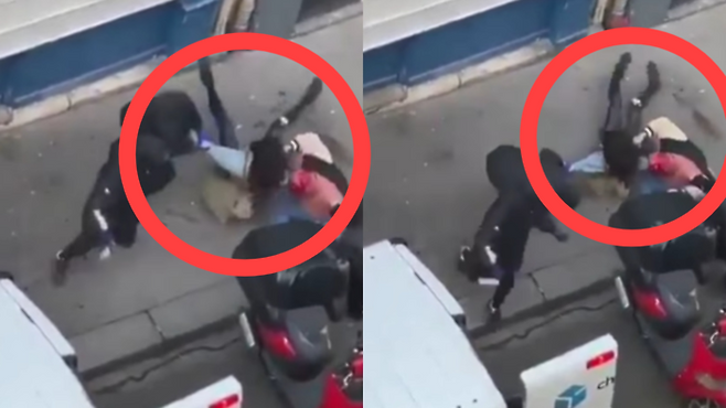 검은 옷을 입은 일당이 두사람을 떼어 놓고 차에 태우려 시도하고 있다. [사진 = HKeye 유튜브]