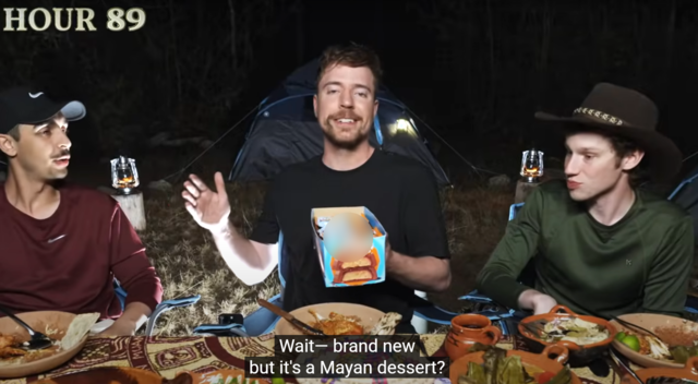 구독자 약 4억 명을 보유한 유튜버 미스터비스트가 지난 10일 공개한 영상에서 식사 후 자신이 직접 만든 초콜릿 브랜드 신제품을 소개하는 부분. 미스터비스트 유튜브 캡처