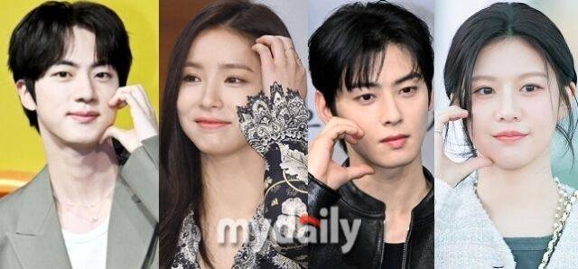 왼쪽부터 그룹 방탄소년단 멤버 진, 배우 신세경, 아스트로 멤버 겸 배우 차은우, 배우 고윤정 / 마이데일리