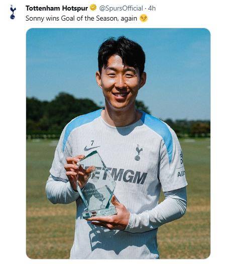 토트넘 팬들이 뽑은 올해의 골을 수상한 손흥민. [토트넘 구단 SNS. 재판매 및 DB 금지]