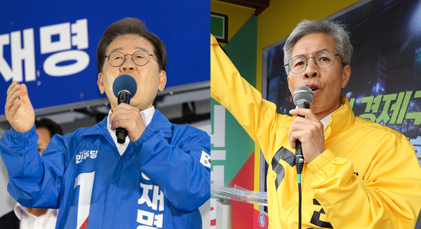 연설하고 있는 더불어민주당 이재명(왼쪽) 대선 후보와 민주노동당 권영국 대선 후보 /연합뉴스