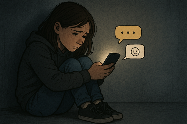 인공지능(AI)로 생성한 스마트폰을 이용해 채팅을 하는 청소년의 모습. DALL-E3