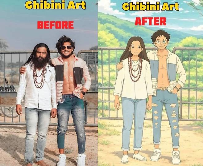 소셜미디어에 올라와 화제가 된, 챗GPT에게 지브리 스타일로 사진을 바꿔달라고 했을 때 생성된 엉뚱한 이미지. 머리가 긴 남성 친구를 여성 연인처럼 바꾸었다. /X