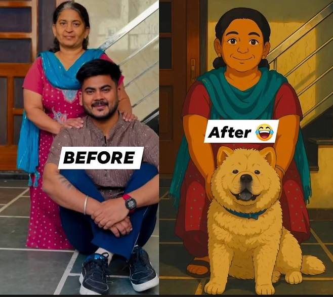 X에 올라와 화제가 된 이미지. 왼쪽에 있는 두 남녀의 모습을 지브리풍으로 바꾸라고 했더니 남성을 큰 개로 변환했다고 한다. /X