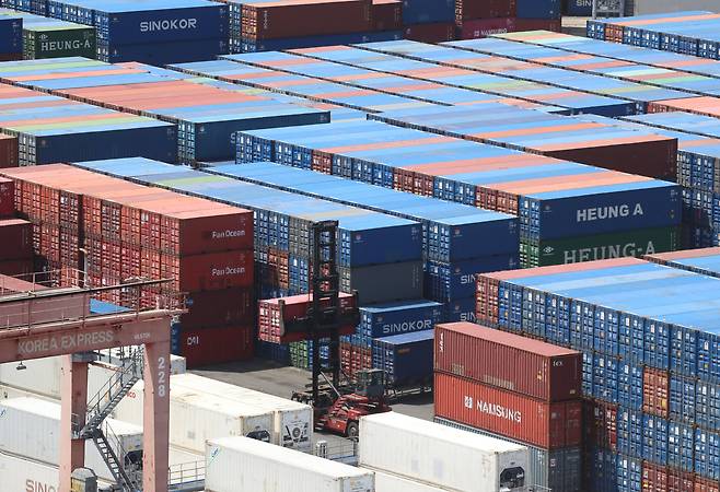 지난 21일 부산항 신선대부두 야적장에 컨테이너가 가득 쌓여 있다. /뉴스1
