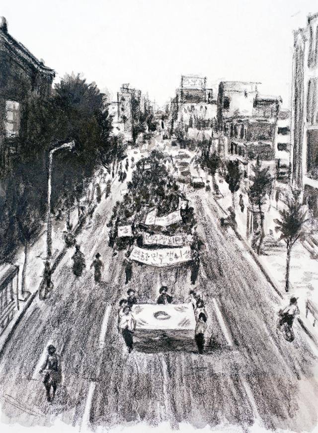 범현이 작가의 소설집 '총알의 기억' 속 한 장면. 1980년 5월 전남도청에 모인 시민들이 "계엄 해제"를 외치며 시위하고 있다. 시민군 대변인 윤상원의 일대기를 완성한 화가 하성흡이 그렸다. 내일을여는책 제공