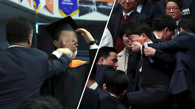 지난해 2월 카이스트 졸업식에서 벌어진 ‘입틀막’ 사건(왼쪽), 지난해 1월 전북특별자치도 출범식에서 소리치다 제지당한 진보당 강성희 전 의원(오른쪽)     편집 : 반윤미