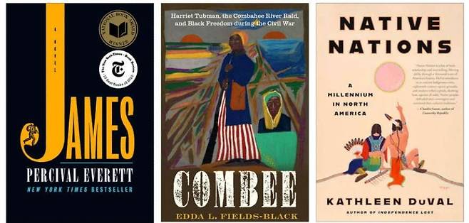 올해 퓰리처상 예술 부문은 미국의 인종 역사를 다룬 책들이 휩쓸었다. 왼쪽부터 퍼시벌 에버렛의 <제임스>, 에다 필즈-블랙의 <콤비>, 캐슬린 듀발의 <네이티브 네이션스>.