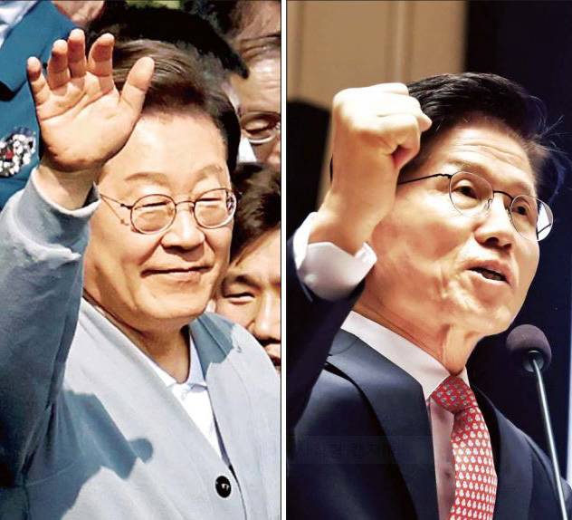 <완성된 대진표...6월3일 향해 ‘번쩍’ ‘불끈’> 제21대 대통령 공식 선거운동 시작을 하루 앞둔 11일 이재명 더불어민주당 대선 후보가 영양군 영양읍에서 지지자들에게 손을 들며 인사하고 있다(왼쪽 사진). 같은 날 김문수 국민의힘 대선 후보가 서울 여의도 국회에서 열린 의원총회에서 주먹을 쥐고 발언하고 있다. 박민규 선임기자·한수빈 기자