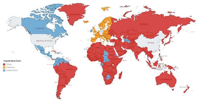 전 세계 나라별 최대 교역국을 나타낸 지도. 빨간색은 중국, 파란색은 미국, 오렌지색은 독일이다.