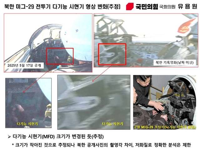 북한 미그-29 전투기 다기능 시현기 형상이 변경된 것으로 보인다. 다기능 시현기 크기가 작아진 것으로 추정되나 북한 공개 사진의 촬영각 차이, 저화질로 정확한 분석은 제한된다. 유용원 의원실 제공