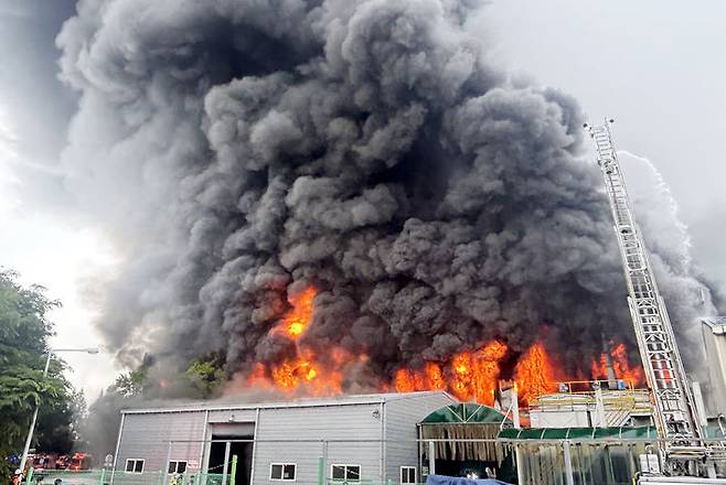 [광주=뉴시스]  17일 오전 7시11분께 광주 광산구 소촌동 금호타이어 광주공장에서 화재가 발생한 가운데 공장 건물 위로 화염이 치솟고 있다. 2025.05.17. (사진=독자 제공) photo@newsis.com *재판매 및 DB 금지