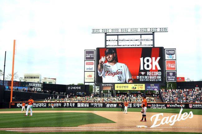 한화 코디 폰세가 17일 대전 SSG전 더블헤더 1차전에 정규이닝 최다 18탈삼진 신기록을 세웠다. 대전 한화생명볼파크 전광판이 폰세의 기록을 알리고 있다. /한화 이글스 제공