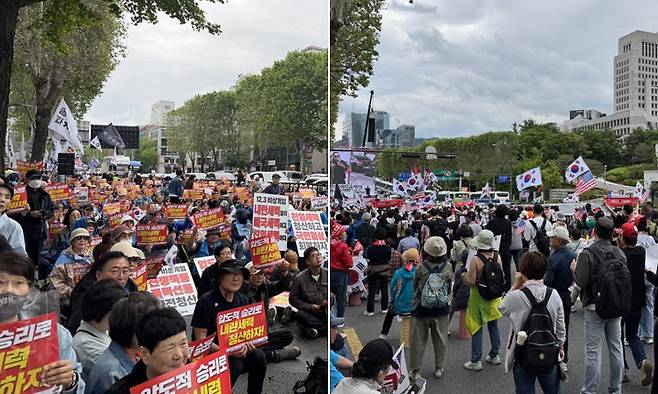 촛불행동 집회(왼쪽), 윤석열 전 대통령 지지 집회. 연합뉴스