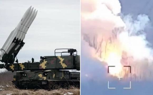 러시아군의 핵심 방공망 중 하나인 부크(Buk)-M1 시스템(왼쪽)이 우크라이나군의 포격을 받고 폭발했다(왼쪽). 우크라이나군 페이스북 캡처