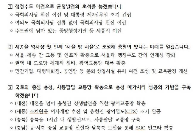 세종시에 대한 주요 공약. 사진=국힘 자료 갈무리.