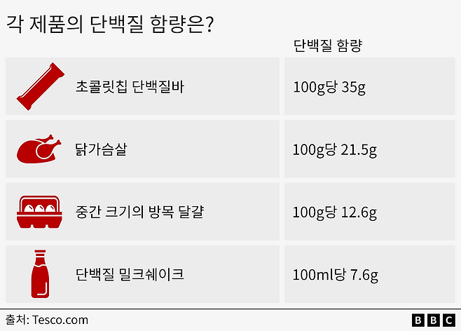 초콜릿 칩 단백질 바, 닭 가슴살, 중간 크기의 자연방목 달걀, 고단백 밀크쉐이크 등 4가지 식품의 단백질 함량을 비교한 그래프