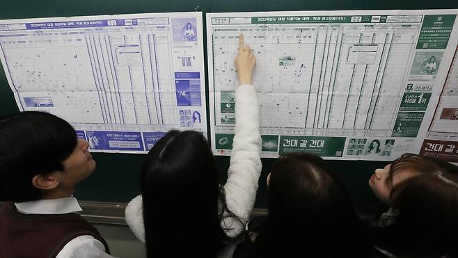 2025학년도 대학수학능력시험(수능) 성적표가 배부된 지난해 12월 6일 오전 경기 수원시 영통구 효원고등학교에서 성적표를 받은 학생들이 지원 가능 대학 배치표를 확인하고 있다. ⓒ News1