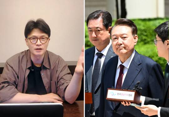 지난 5월17일 밤 유튜브 채널(한동훈입니다) 생방송 중인 한동훈 국민의힘 전 대표(왼쪽), 5월12일 서울중앙지법에서 열린 내란수괴 혐의·직권남용 혐의 사건 3차 공판에 출석한 윤석열 전 대통령이 법원을 나서는 모습(오른쪽).<유튜브 영상·연합뉴스 사진 갈무리>