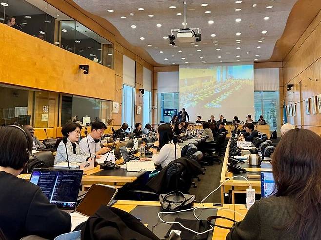 29일 오후 제네바 유엔 인권최고대표사무소(OHCHR) 윌슨홀에서 열린 유엔 인종차별철폐위원회 대한민국 제20·21·22차 국가보고서 심의에 참석한 원민경 위원(왼쪽). 본인 제공