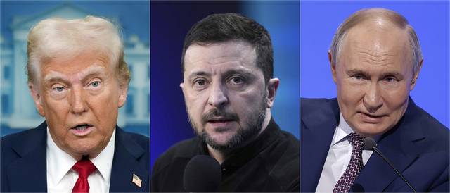 도널드 트럼프(왼쪽부터) 미국 대통령,  볼로디미르 젤렌스키 우크라이나 대통령,  블라디미르푸틴 러시아 대통령. AP 연합뉴스