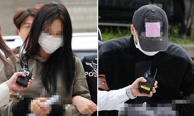 축구 국가대표팀 주장 손흥민의 아이를 임신했다고 주장하며 손씨에게 돈을 뜯어내려 한 20대 여성 양모씨(왼쪽)와 40대 남성 윤모씨가 17일 영장실질심사를 받기 위해 서울중앙지법에 들어서고 있다. 연합뉴스