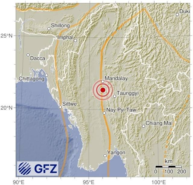 미얀마 지진 발생 지점 [GFZ 홈페이지. 재판매 및 DB 금지]