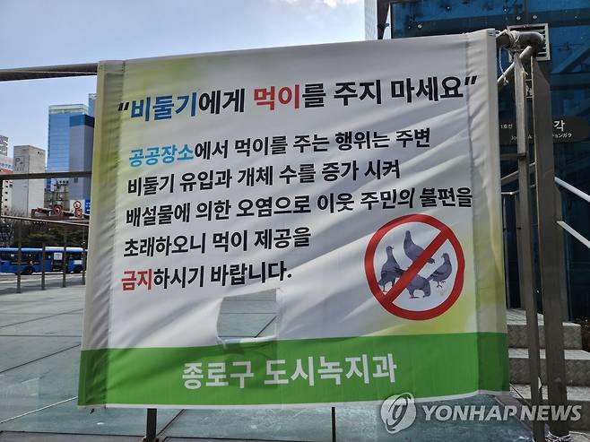 비둘기 먹이주기 금지 현수막 [연합뉴스 자료사진]