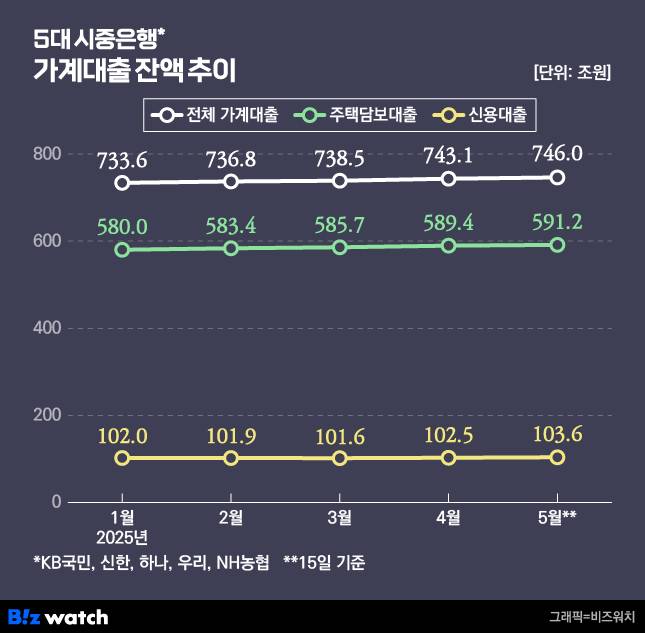 5대 시중은행 가계대출 잔액 추이./그래픽=비즈워치