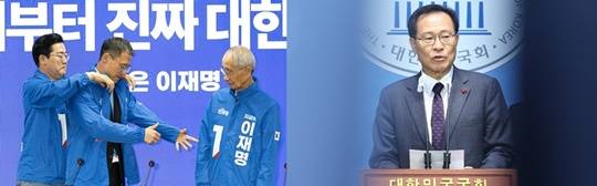 오늘(19일) 오전 더불어민주당에서 열린 입당식에 참석한 김상욱 의원(왼쪽)과 이재명 후보 지지를 선언한 문병호 전 의원.(출처=뉴스1)