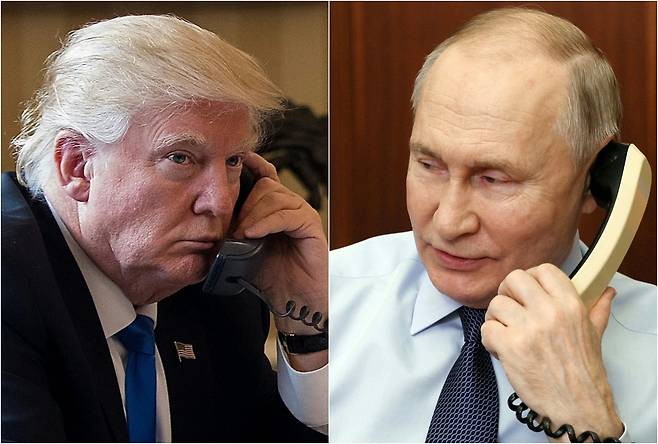 도널드 트럼프(왼쪽) 미국 대통령과 블라디미르 푸틴 러시아 대통령이 통화하는 모습/AFP 연합뉴스
