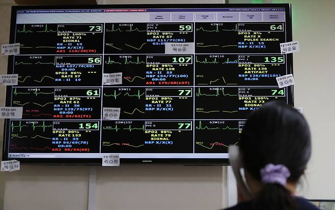환자 심장 박동수 살피는 의료진들 /연합뉴스